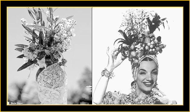  esquerda, uma quartinha levada (sobre a cabea) pelas filhas e mes-de santo para a lavagem da escadaria da igreja de Nosso Senhor do Bonfim, em Salvador, BA.  direita, Carmen Miranda, cuja imagem ficaria marcada pelo uso do turbante ornamentado,, pea que sempre cobriu sua cabea , estilizado em inmeras formas.